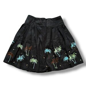 Vintage Carole Little Black Embroidered Palm Tree Skirt Women's Size 8 Linen